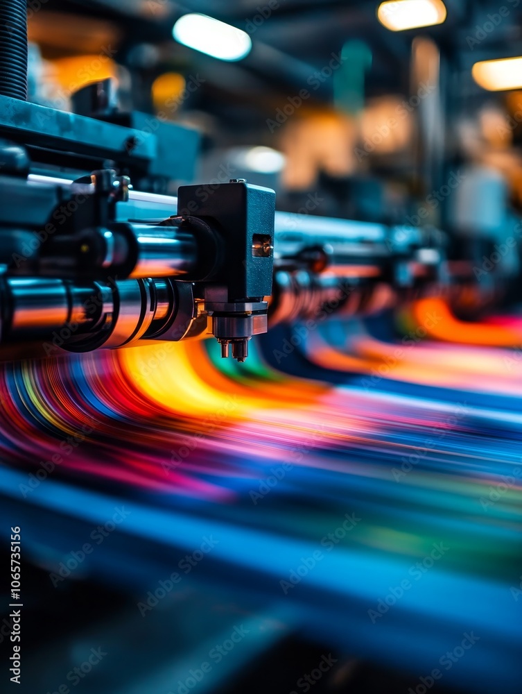 Fototapeta premium A close-up of a high-speed printing press in an industrial setting, showcasing the vibrant colors of the printed material as it moves through the machine, symbolizing speed, efficiency, and the power 