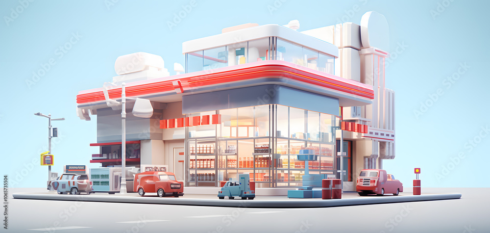 Fototapeta premium A Vibrant and Modern Convenience Store Bustling With Activity on a Sunny Day in the City
