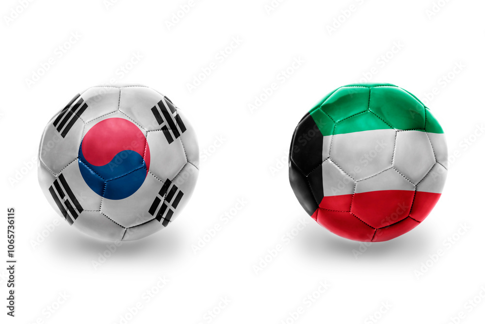 Fototapeta premium football balls with national flags of kuwait and south korea ,soccer teams. on the white background.
