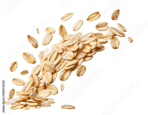 Falling oat flakes isolated on white background, cutout 