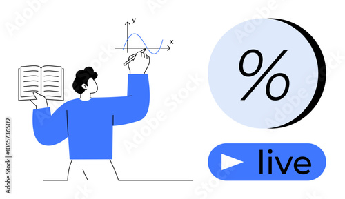 Man holding book and writing a mathematical graph, with a percentage symbol above and a blue live button below. Ideal for education, e-learning, math classes, live tutorials, online teaching