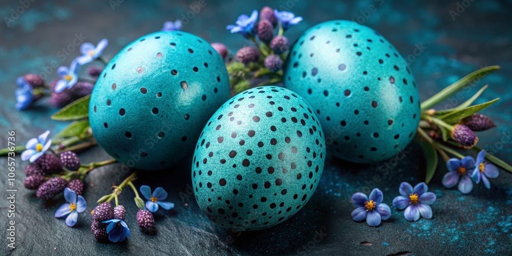 Obraz premium Aqua Dotted Easter Eggs Nestled in a Bed of Forget-Me-Nots