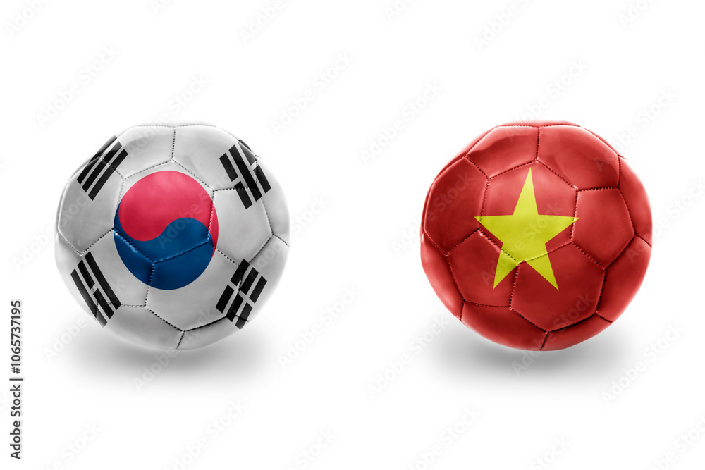 Obraz premium football balls with national flags of vietnam and south korea ,soccer teams. on the white background.