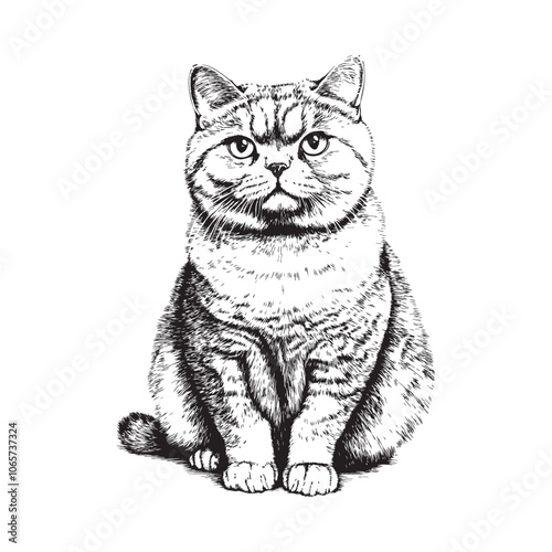 Sketch of a British Shorthair Cat - drawn British Shorthair Cat - black and white British Shorthair Cat on a white background