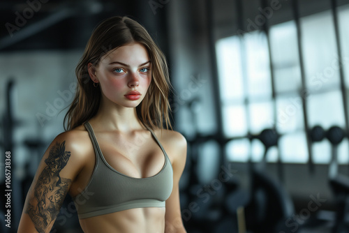 A beautiful athletic girl stands on a gym background. photo