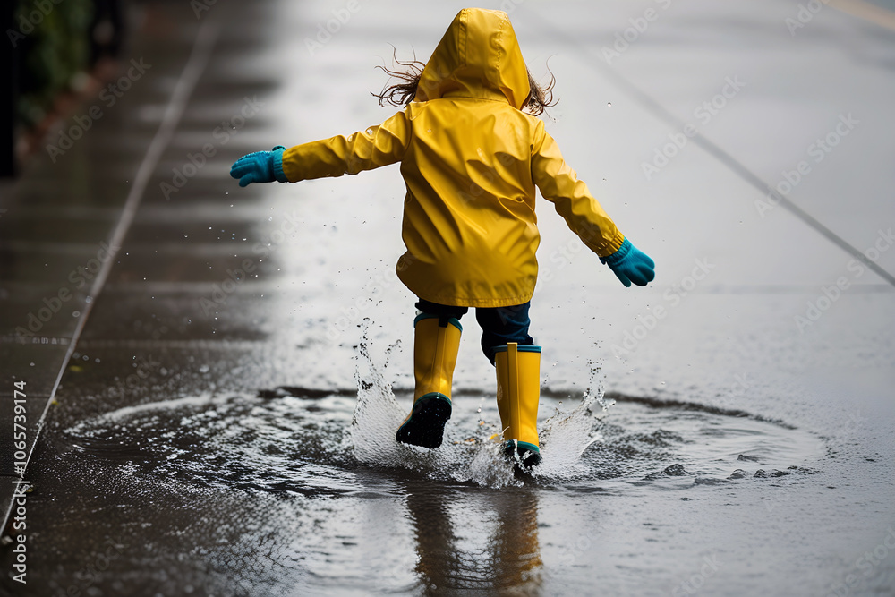 custom made wallpaper toronto digitalRear view of a child in a yellow raincoat and boots splashing through a puddle on a rainy city street. Child in yellow raincoat splashing in puddle on rainy day