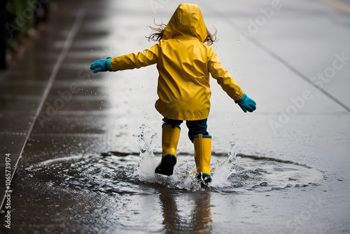 Wallpaper Mural Rear view of a child in a yellow raincoat and boots splashing through a puddle on a rainy city street. Child in yellow raincoat splashing in puddle on rainy day Torontodigital.ca