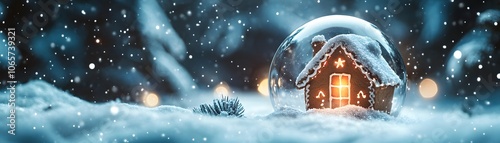 A gingerbread house inside a snow globe on a snowy winter night. photo