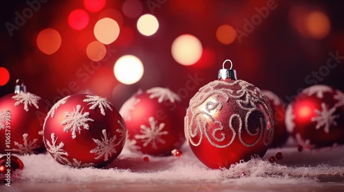 Festive Red Christmas Ornaments on Soft Snow