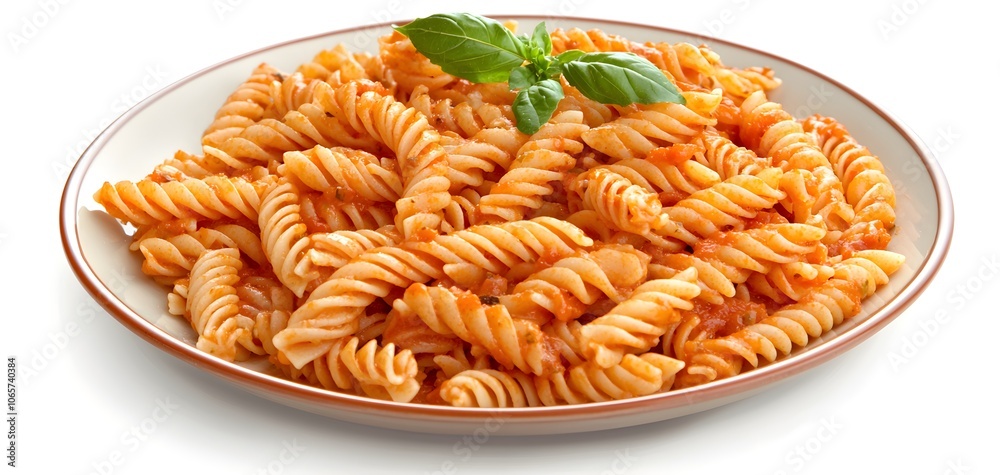 Italian pasta with rich tomato sauce and fresh basil, on a rustic ceramic plate Italian pasta with rich tomato sauce and fresh basil, on a rustic ceramic plate