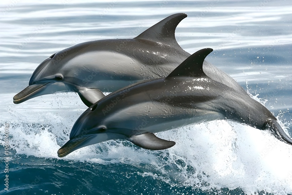 Fototapeta premium Pair of dolphins leaping from the water, sparkling waves beneath them