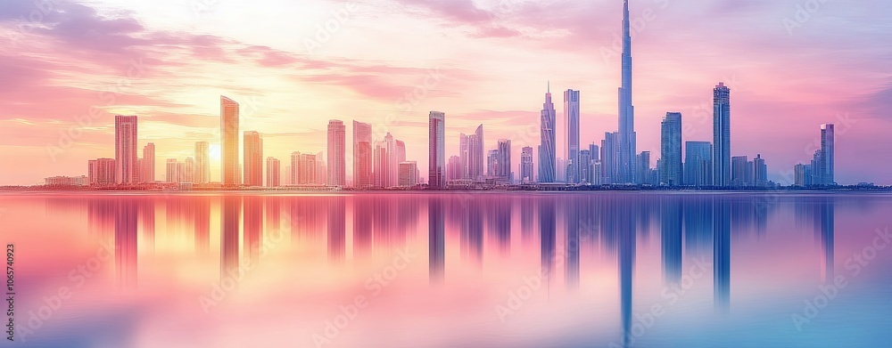 Fototapeta premium Dubai Skyline Sunset Reflection