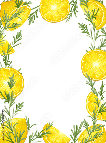 Lemons slices with rosemary sprigs on a white background. Vertical square frame with an empty text place. Banner, poster, print. Vector hand drawn illustration. Elements are not cropped