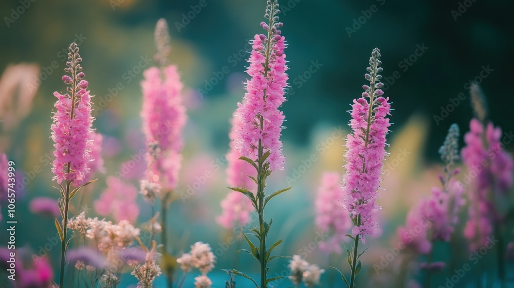 Obraz premium A vibrant display of pink flowers in a serene garden setting.