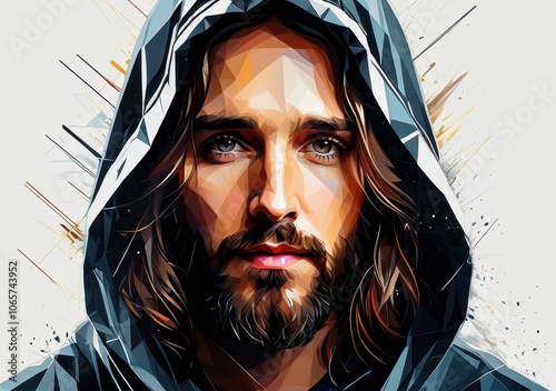 Digital geometric portrait of a Jesus Christ in a hoodie with intense gaze, created with polygonal shapes