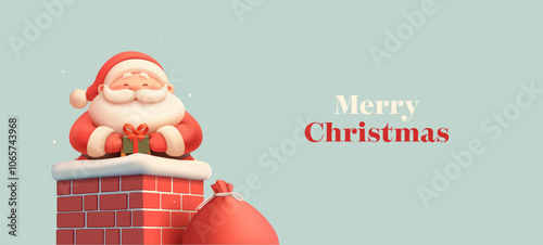 Cheerful character of Santa Claus in the chimney with a gift, 3D. Before the Christmas scene, Santa brings presents into the house through the chimney on the roof. Vector illustration.