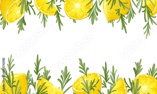 Lemons slices with rosemary sprigs on a white background. Horizontal square frame with an empty text place. Banner, poster, print. Vector hand drawn illustration. Elements are not cropped