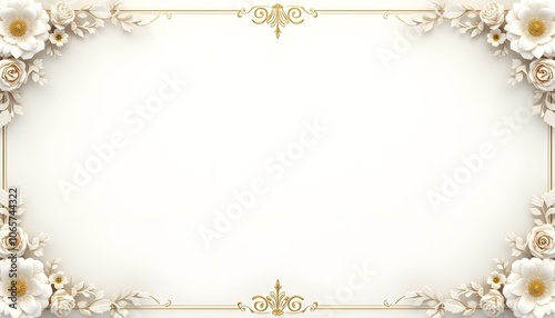 A realistic high-definition 3D rendering of a wallpaper featuring classic flowers in white with gold detailing. The design includes detailed floral patterns and elegant gold elements photo