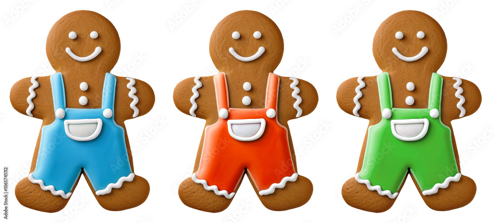Fototapeta premium Smiling Gingerbread Man Cookie Decorated with Icing Overalls in Blue, Red and Green, Isolated on a Transparent Background / Background Removed 