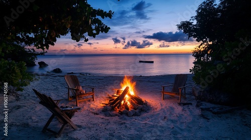 A bonfire burns on a beach at sunset, with three chairs surrounding it. photo