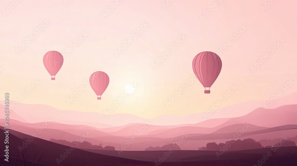 Fototapeta premium Pink Sky Hot Air Balloons: A serene and ethereal scene of hot air balloons drifting gracefully against a breathtaking pink sky.