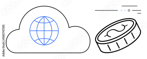 Globe within cloud icon next to a flying coin symbolizing online financial transactions. Ideal for representing cloud computing, global finance, digital economy, cryptocurrency, fintech services