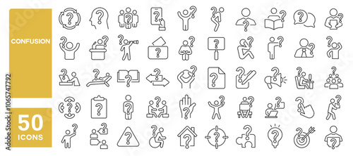 Set of 50 line icons related to confusion, misunderstand, pessimistic, lost, uncertain, unclear, ambiguity, confused, Editable stroke. Vector illustration