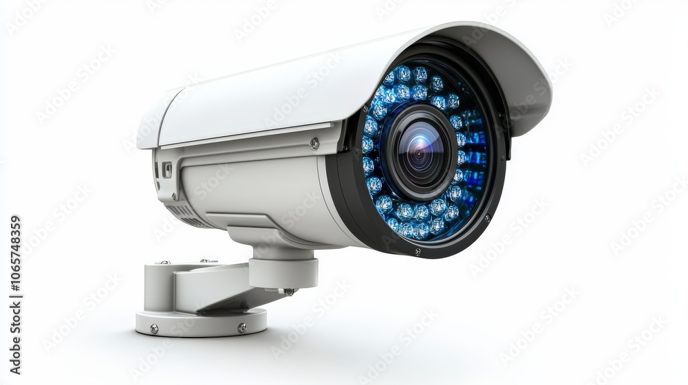 A detailed view of a modern CCTV security camera equipped with blue LED lights, suitable for surveillance, providing safety and security, emphasizing innovative technology. A detailed view of a modern CCTV security camera equipped with blue LED lights, suitable for surveillance, providing safety and security, emphasizing innovative technology.