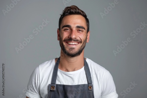 smiling happy confident staff employee shop keeper with apron studio isolated