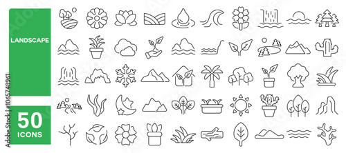 Set of 50 line icons related to landscape, land, trees, plants, sky, mountain, forest, river, island, oasis, waterfall, Editable stroke. Vector illustration