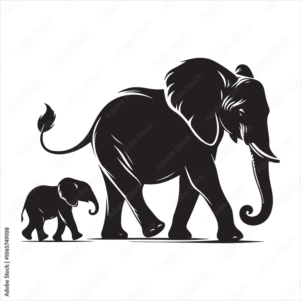 Obraz premium Black silhouette of a standing elephant on a clean white background