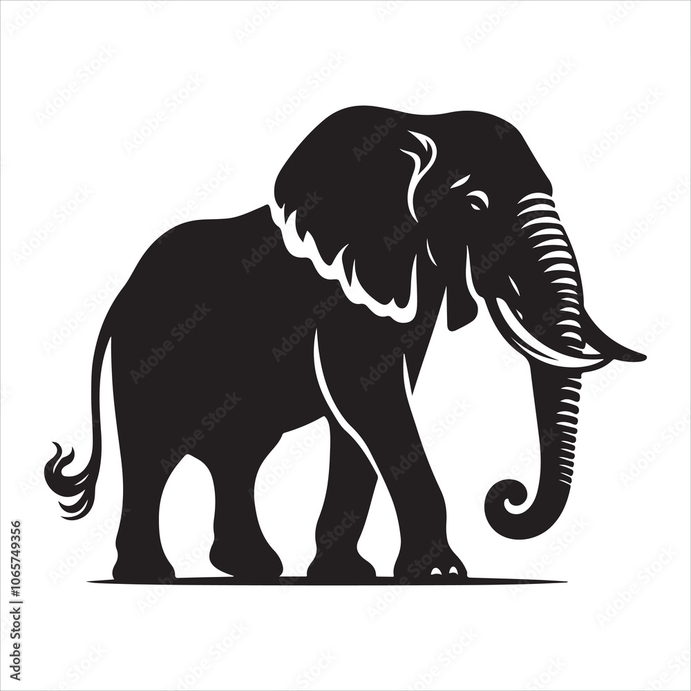 Obraz premium Black silhouette of a standing elephant on a clean white background