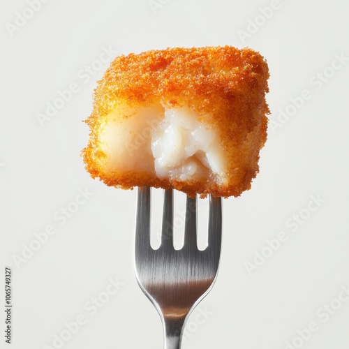 Close-up of crispy fish stick on fork against white background