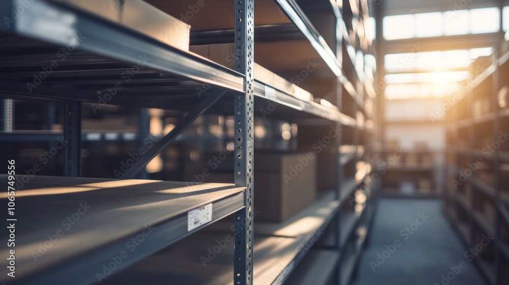 Fototapeta premium A well-lit warehouse interior with empty metal shelves and boxes in the background.