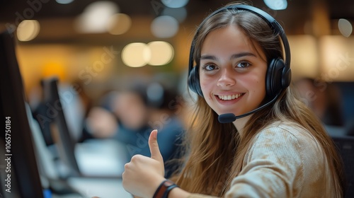 Customer service agent wearing a headset, focusing on communication, assistance, and customer support in a professional setting. photo