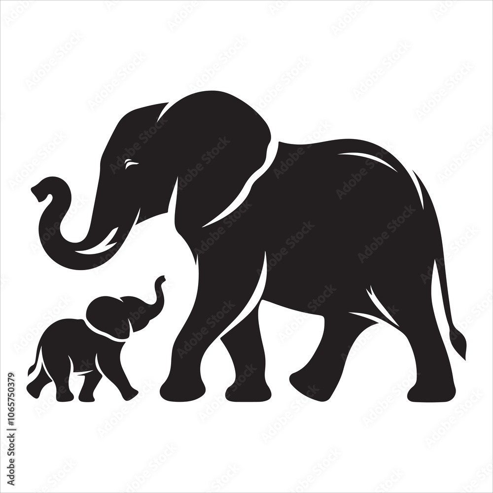 Obraz premium Black silhouette of a standing elephant on a clean white background