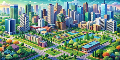 Cityscape with Green Spaces Aerial View of a Modern Metropolis with Parks and Waterways