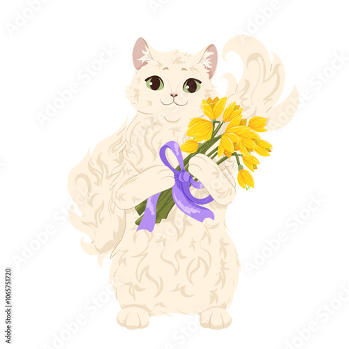 Cute cat sitting. Furry kitten with flowers. Bouquet with yellow crocuses and purple ribbon. Cartoon character design. Vector hand drawn illustration for print, postcard