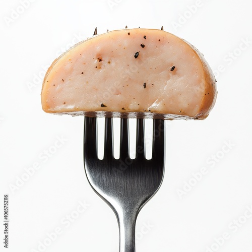 Fresh bierwurst sausage piece on fork against white background photo