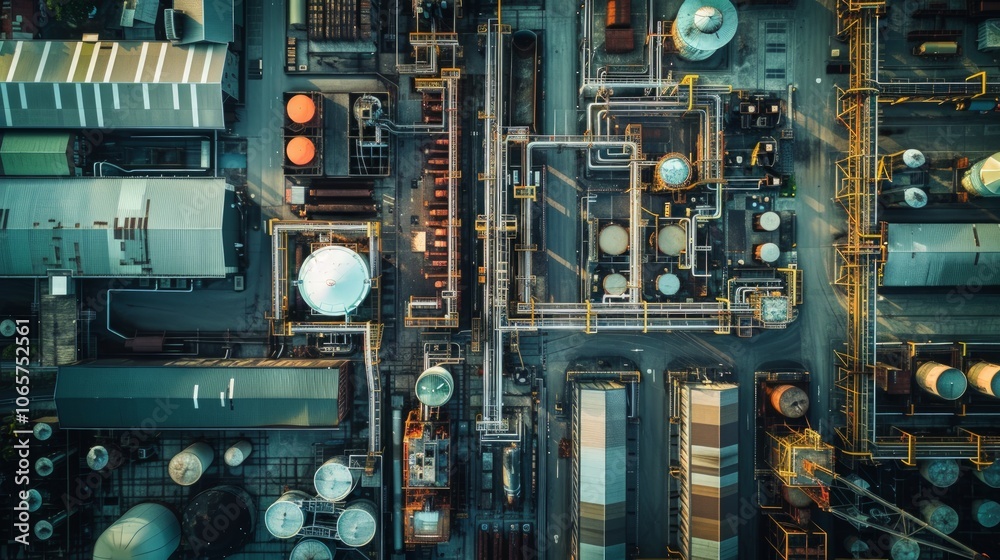 Fototapeta premium Complex industrial layout, intricate network of pipes and storage tanks, aerial view showcasing the organization of a vast manufacturing facility, emphasizing logistical efficiency