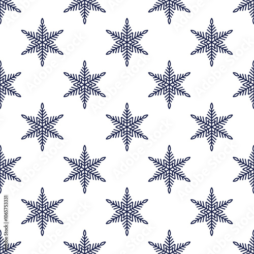 Snowflakes seamless pattern, detailed hand drawn vector line illustration. Graphic outline doodle drawing. Christmas and New Year background for frosty winter design, gift wrapping, packaging, textile