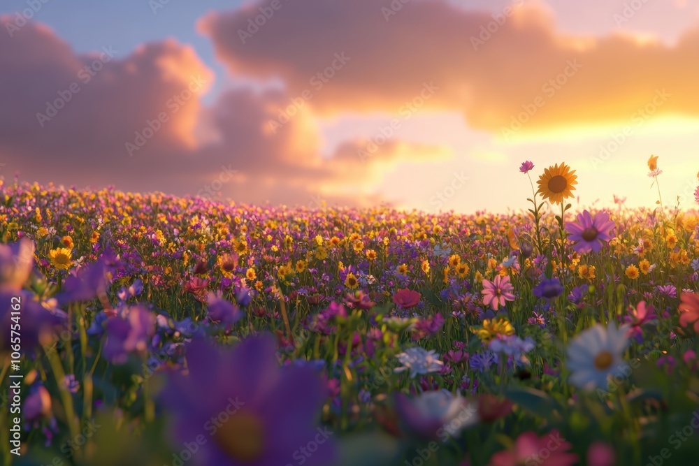 Fototapeta premium 美しい野花が咲き誇る夕暮れ時の風景、空の色が変化する時間帯