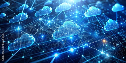 Interconnected Cloud Network Digital Blue Clouds Connected by Lines and Glowing Points