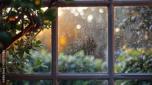 Window covered with morning dew photo