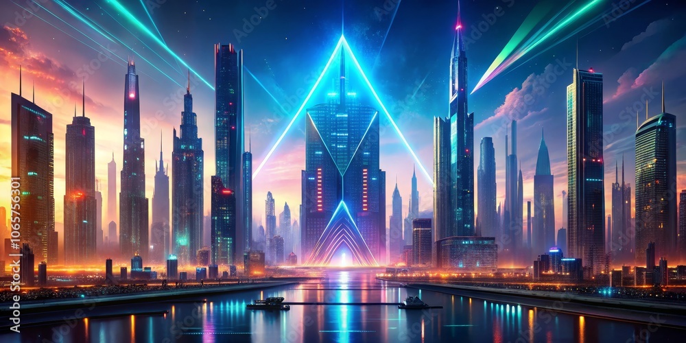 Obraz premium Neon Skyline A futuristic cityscape with towering skyscrapers, glowing lights, and a central building shaped like a triangle, illuminated by vibrant beams of light