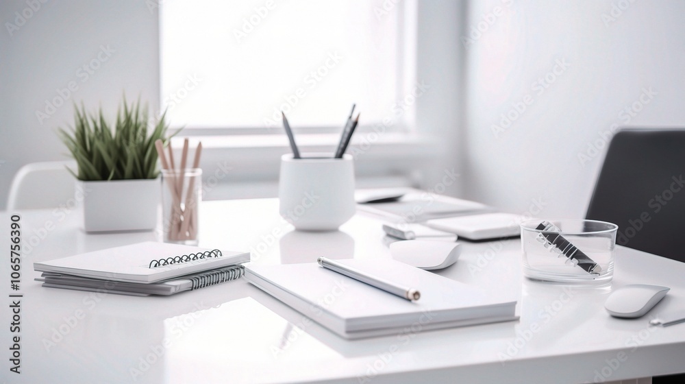 Minimalist Workspace with Notebooks and Stationery Minimalist Workspace with Notebooks and Stationery