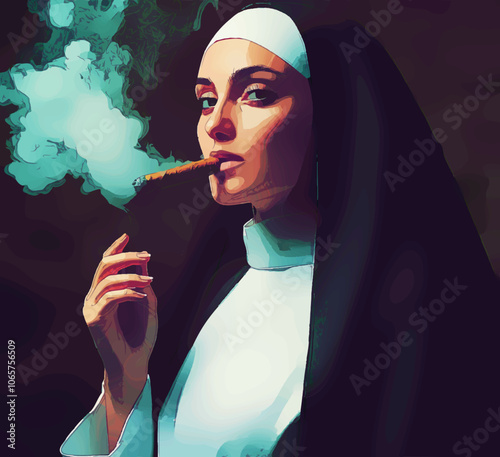 A nun in traditional attire smokes a cigar, blending purity with a rebellious edge.