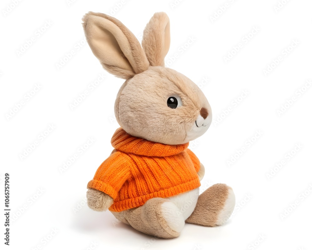 Obraz premium adorable plush bunny in vibrant clothing on plain white background for digital graphics