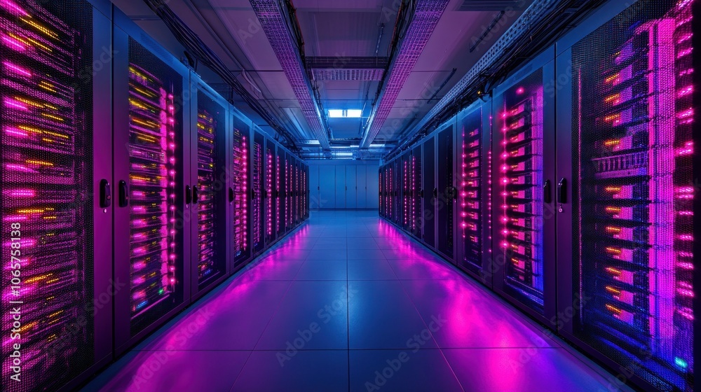 Fototapeta premium A modern data center with illuminated server racks, showcasing advanced technology infrastructure.