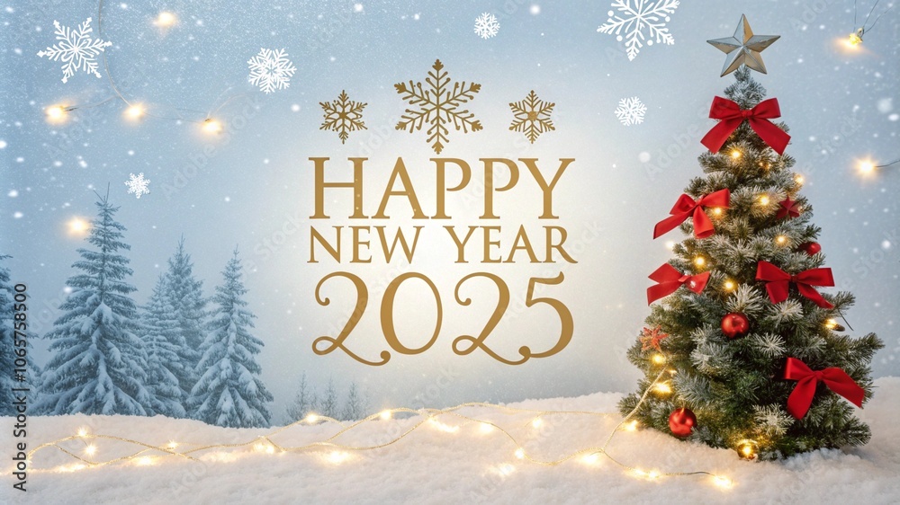Obraz premium Happy New Year 2025 greeting card with christmas decorations. ballon